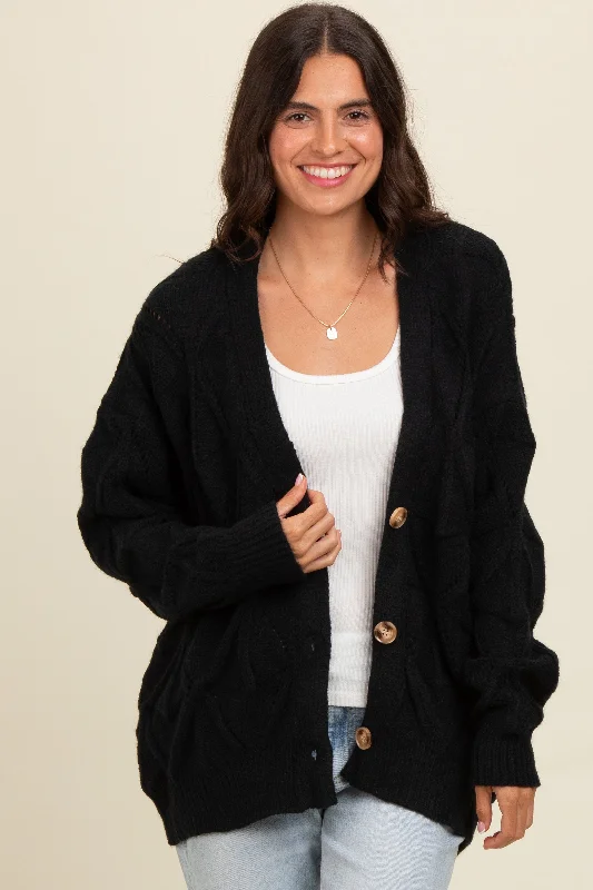 Women's Professional Attire Black Textured Button Up Sweater Cardigan