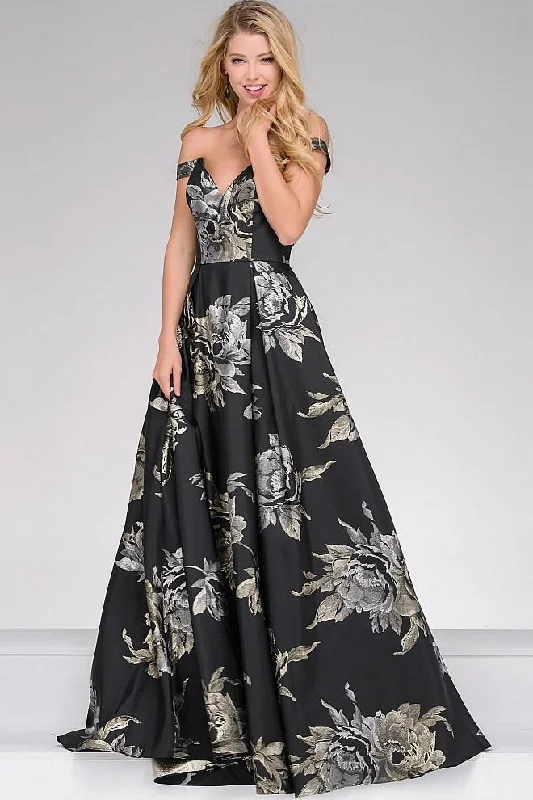 Plus-Size Women's Garments Jovani 48361 - Off the Shoulder Floral Print Gown