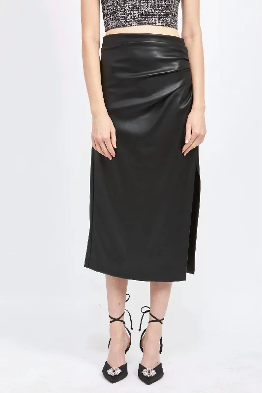 Women's Stylish Outdoor Outfit Vegan Leather Midi Skirt In Black