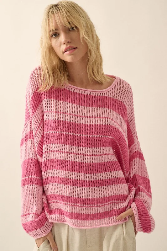 Elegant Women's Clothing Online Pink Oversized Stripe Colorblock Crochet Knit Sweater