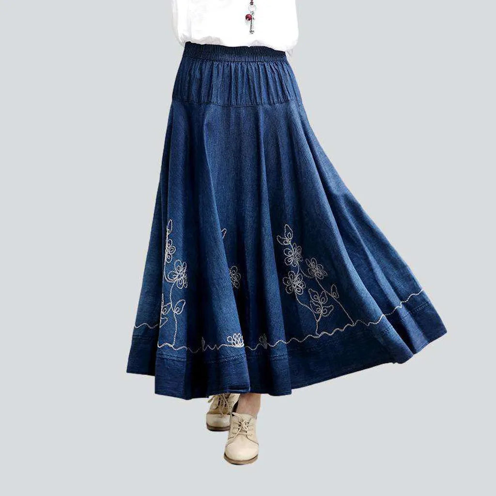 Best Online Women's Boutiques Embroidered flare women's jean skirt