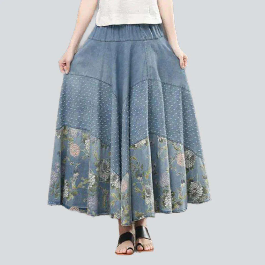 Woman Clothing Bohemian flowery denim skirt