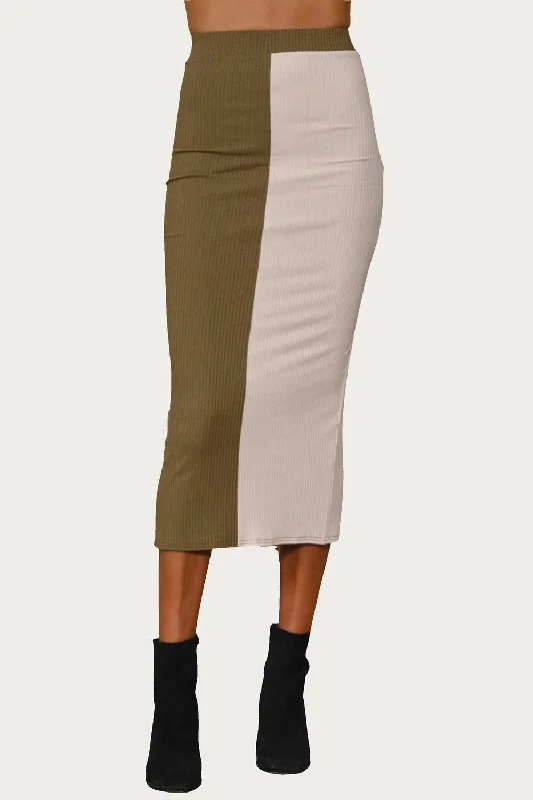 Bundle Offer Colorblocked Ribbed-Knit Midi Skirt In Olive Ecru