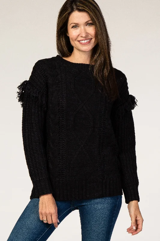 Latest Fashion for Women Black Cable Knit Fringe Sleeve Sweater