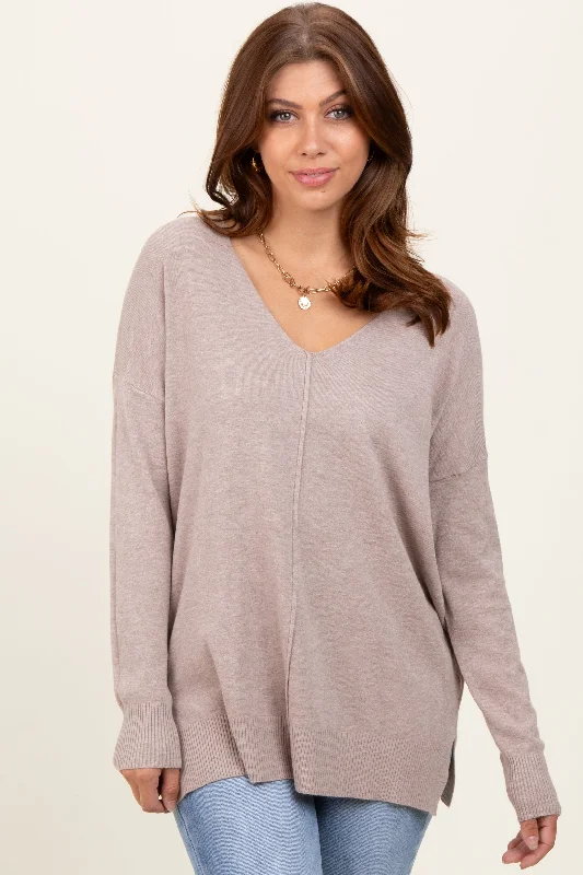 Women Apparel Beige Front Seam V-Neck Side Slit Sweater