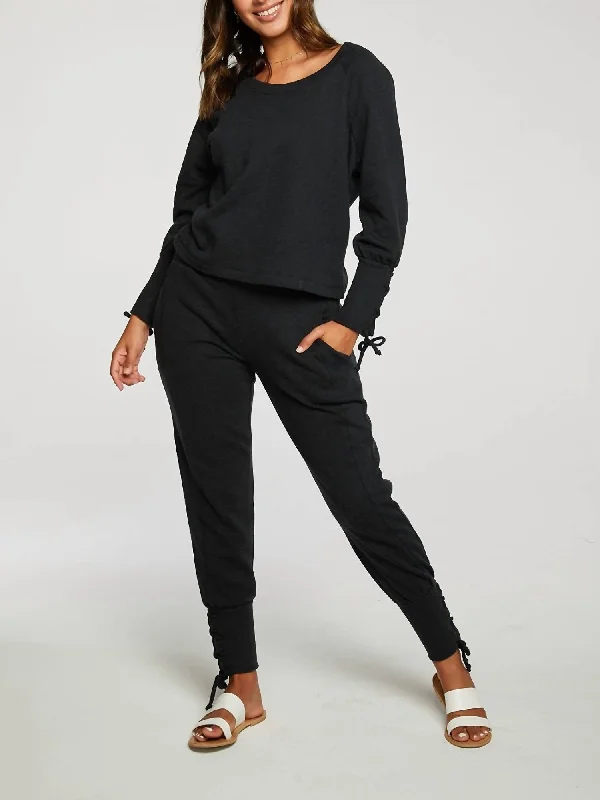 Women's Clothing Online Cashmere Fleece Lace Up Blouson Sleeve Raglan Pullover In True Black