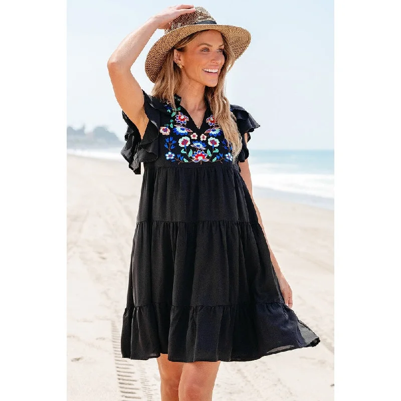 Women's High Street Fashion Veda Floral Embroidered Tiered Ruffled Mini Dress