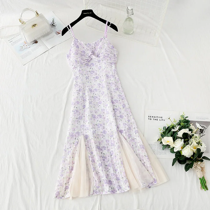 Holiday Special Offers Design sense niche purple fishtail skirt Chiffon floral suspender dress  4124