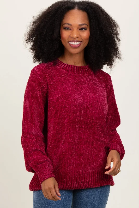 Outfits For Women Burgundy Chenille Knit Balloon Sleeve Sweater