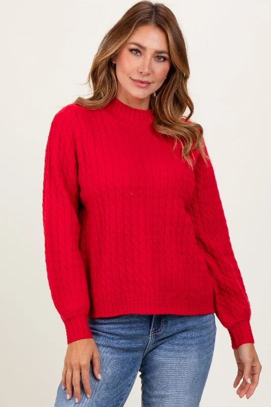 Online Boutiques Red Cable Knit Mock Neck Bubble Sleeve Sweater