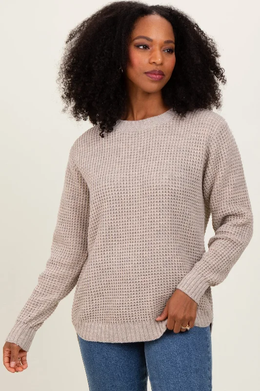 Clothes Of Woman Dark Beige Waffle Knit Rounded Hem Sweater