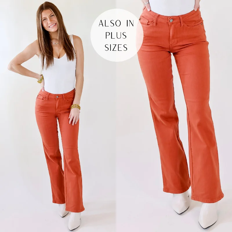 Women's Vintage Garments Last Chance Size 0, 1, 15, 14W, 16W, 20W, 22W & 24W | Judy Blue | Fall Crush Slim Boot Cut Jeans in Rust Orange