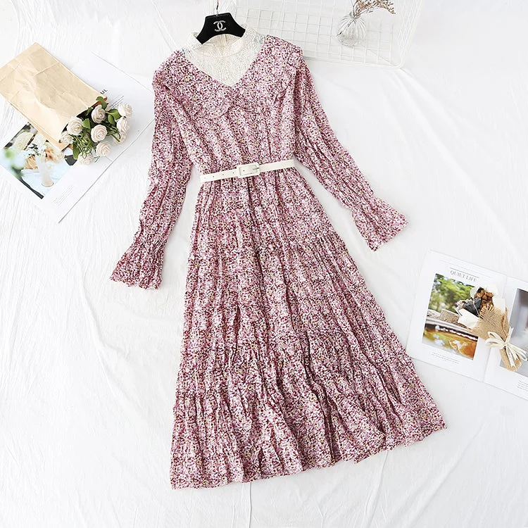 Versatile Women's Clothing for All Occasions Floral Chiffon Dress Lace Collar fake two-piece bottom skirt  4006