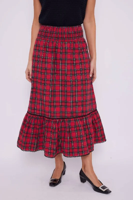 Women's Elegant Evening Outfit Smocked Waist Skirt In Red Tartan