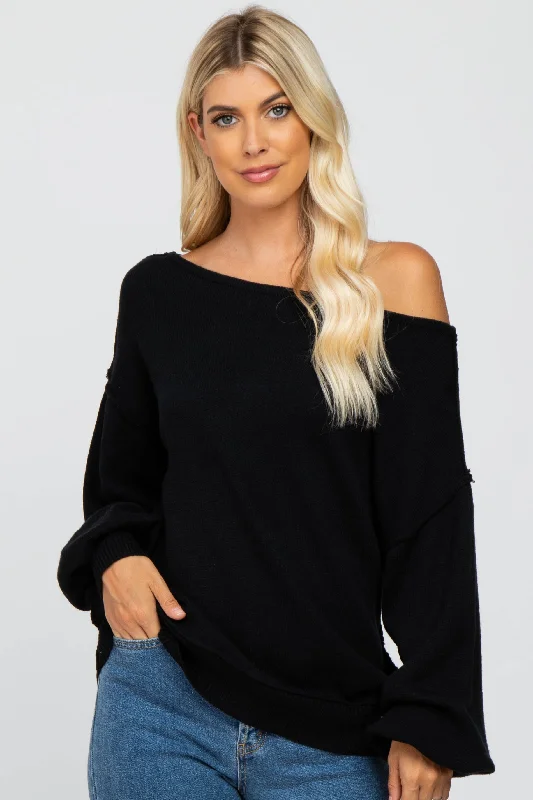 Outfits For Women Black Boat Neck Bubble Sleeve Sweater