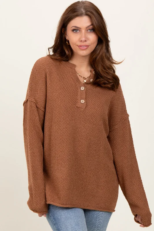 Designer Women's Fashion Online Camel Diamond Knit Button Detail Sweater