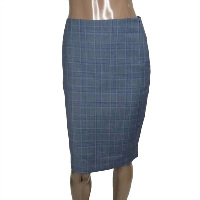 Women's Casual Wear Outfit Wool Blend Plaid Knee Length Zip Skirt In Blue