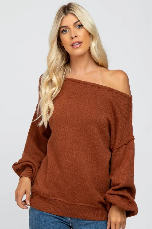 Clothing Sales Camel Boat Neck Bubble Sleeve Sweater